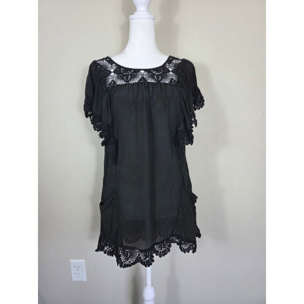 Daniel Rainn Black 100% Silk Crochet Boho Blouse Size Small